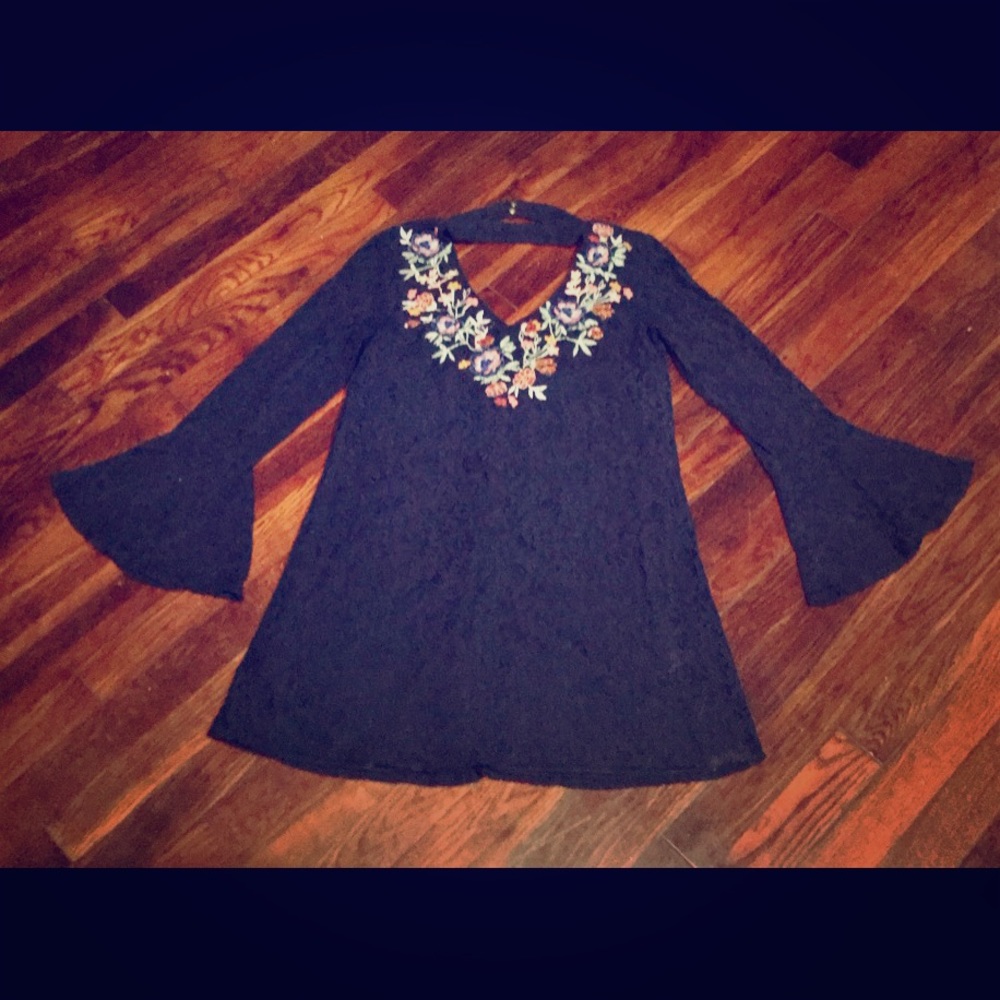 Dark blue dress with floral embroidery
